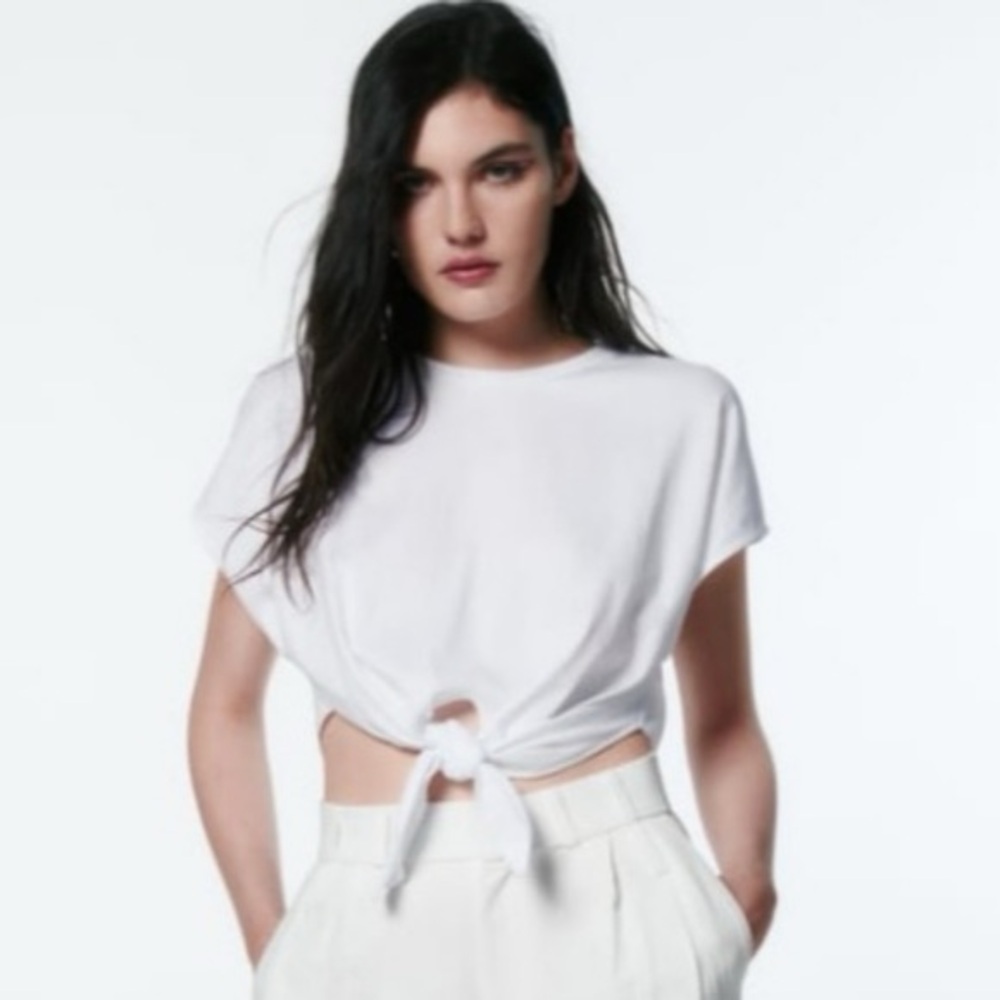 Zara White Front Knot Tie Cropped Tee - Picture 8 of 8